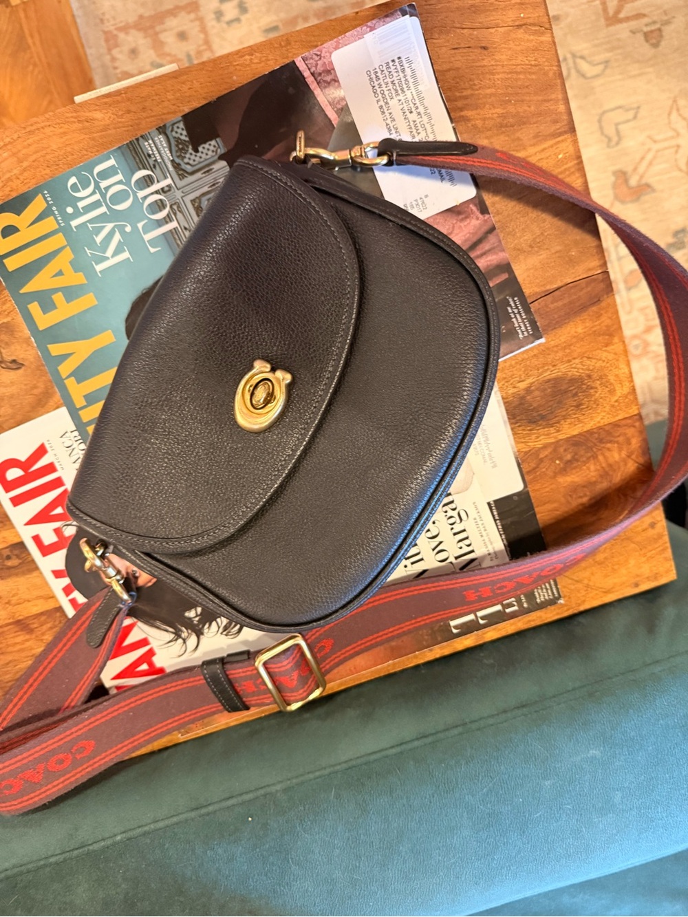 Coach Black Leather Crossbody with Red-Trim Strap